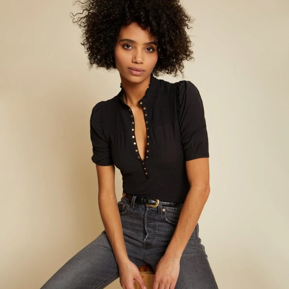 Nation LTD Pietra High Neck Snap Tee - Black - Size Large